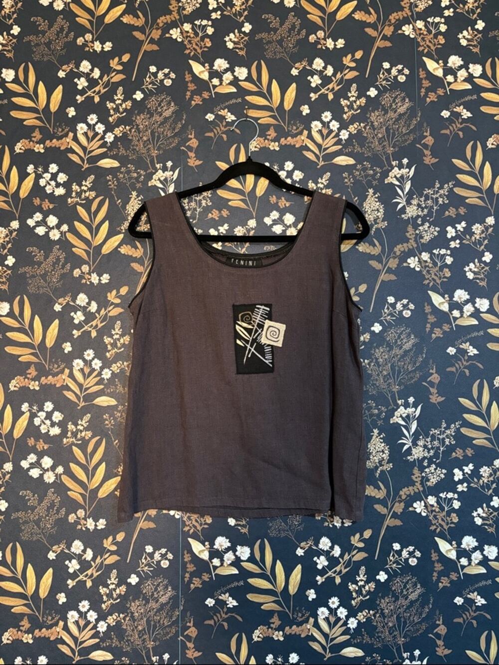 Vintage Fenini Sleeveless Brown Tank Top with Embroidered Patch Linen Size M